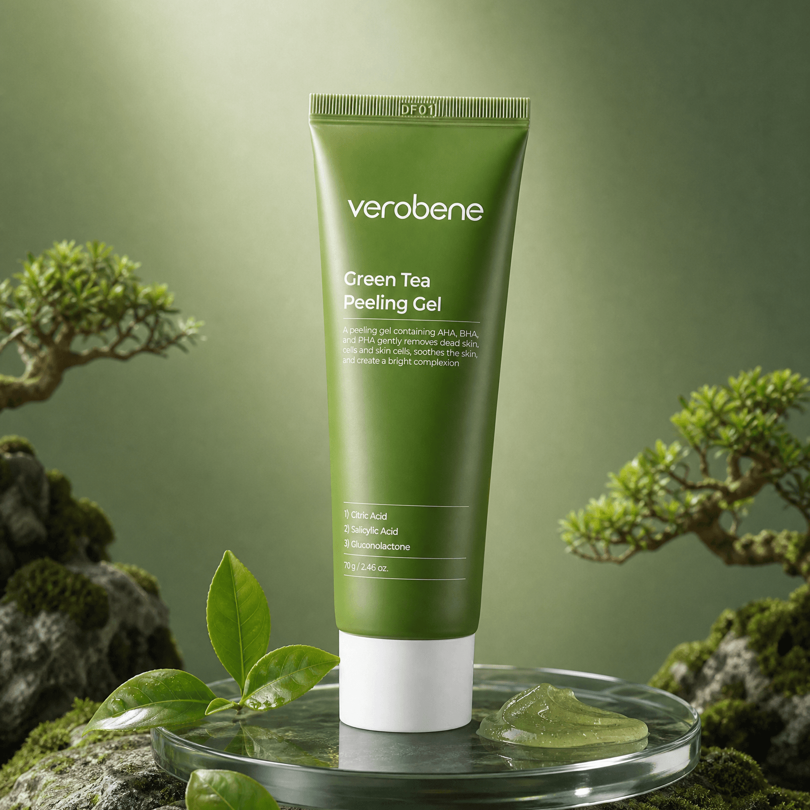 Generated with Kive.ai - PRODUCT VEROBENE GREEN TEA PEELING GEL Goal Create a premium ecommerce product image for the Green Tea collection. The visual must match the existing Green Korean Green Tea Peeling Gel by Verobene for soft exfoliation and daily skin renewal