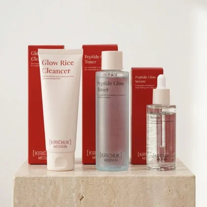 Kirichuk Medskin skincare set cleanser toner serum on stone pedestal
