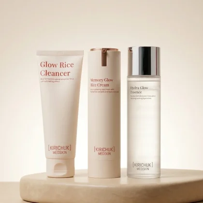 Kirichuk Medskin skincare set cleanser essence cream on stone pedestal